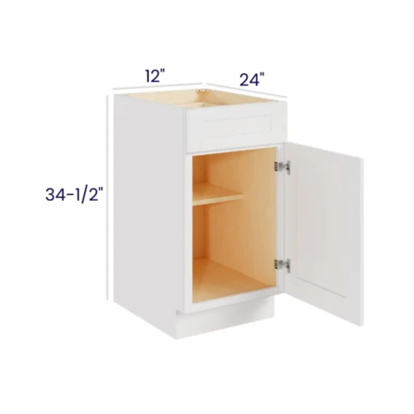 Shaker Pure White - Base Cabinet Single Door-12"W X 24"D X 34-1/2"H With 1 Door, Drawer And Shelf