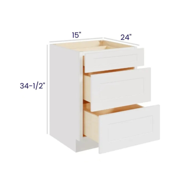 Shaker Pure White - Drawer Base Cabinet - 15"W X 24"D X 34-1/2"H With 3 Drawer