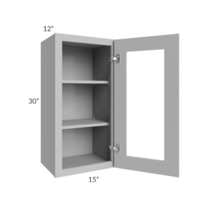 Shaker Gray - Wall Glass Door Cabinet With Finished Interior - 15"W X 30"H X 12"D-1D-2S *Clear Glass Included