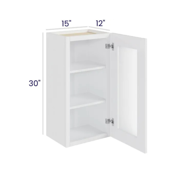 Shaker Pure White - Wall Glass Door Cabinet With Finished Interior - 15"W X 30"H X 12"D-1D-2S *Clear