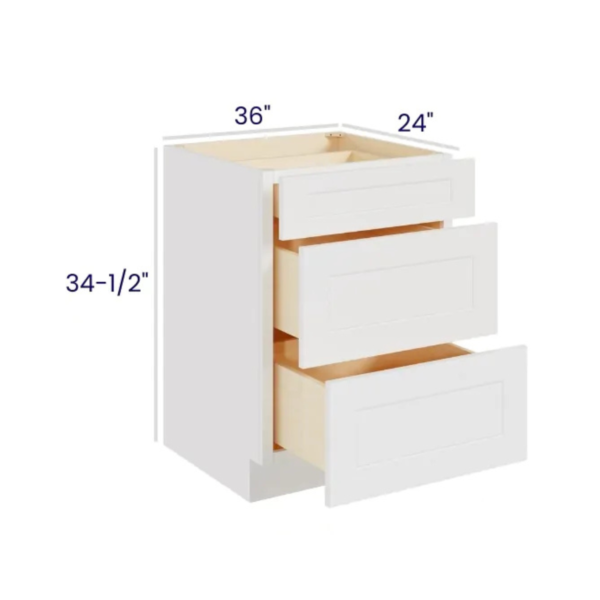 Shaker Pure White - Drawer Base Cabinet - 36"W X 24"D X 34-1/2"H With 3 Drawer