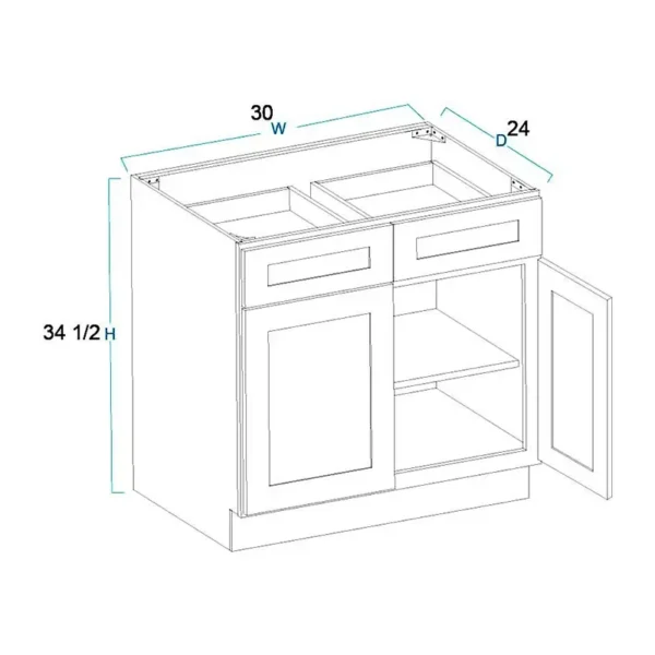 Shaker Pure White - Base Cabinet Double Door - 30"W X 24"D X 34-1/2"H With 2 Door, 2 Drawer And 1 Sh - Image 3