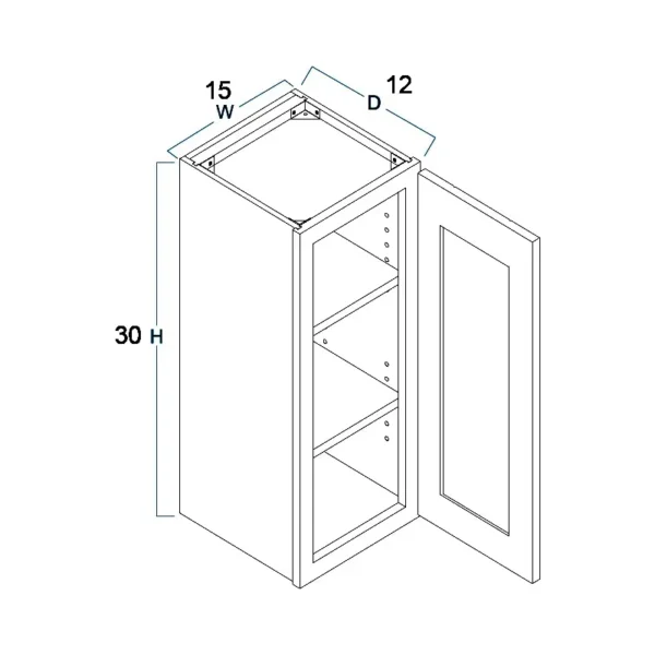 Shaker Pure White – Wall Cabinet Single Door – 15″W X 30″H X 12″D With 1 Door And 3 Shelf - Image 2