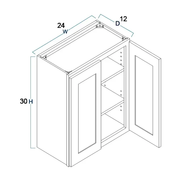 Shaker Pure White - Wall Cabinet Double Door - 24"W X 30"H X 12"D With 2 Door And 2 Shelf - Image 2