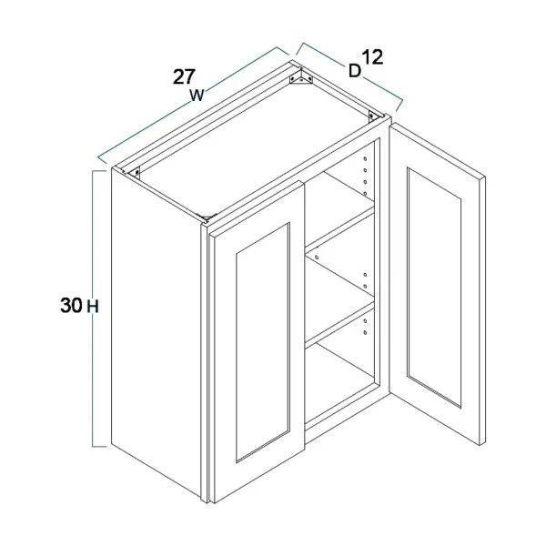 Shaker Pure White - Wall Cabinet Double Door - 27"W X 30"H X 12"D With 2 Door And 2 Shelf - Image 2