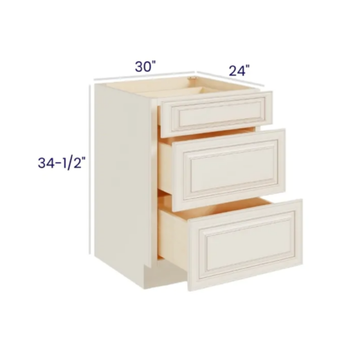 Charleston White - Drawer Base Cabinet - 30"W X 24"D X 34-1/2"H With 3 Drawer
