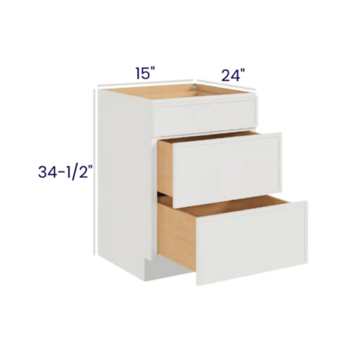 Slim Dove White - Drawer Base Cabinet - 15"W X 24"D X 34-1/2"H With 3 Drawer
