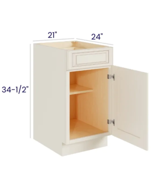 Charleston White – Base Cabinet – 21″W x 34-1/2″H x 24″D – 1D, 1DRW, 1S