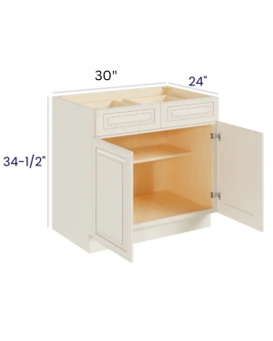 Charleston White – Base Cabinet Double Door – 30″W X 24″D X 34-1/2″H With 2 Door, 2 Drawer And 1 Shelf