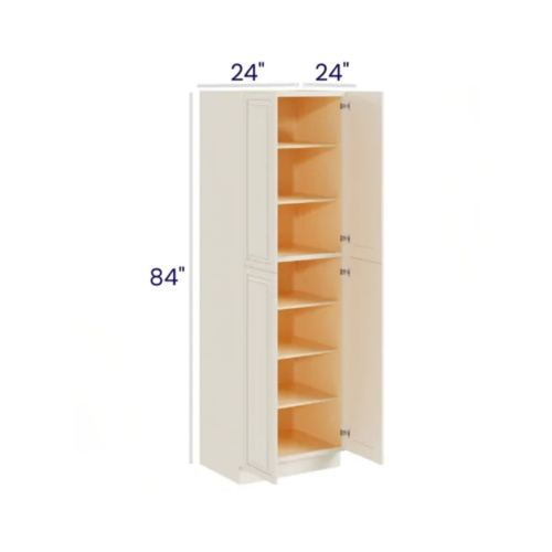 Charleston White - Utility Pantry - 24"W X 24"D X 84"H. Two Adjustable Top Shelves, Three Bottom Shelves. Note: Roll Out Shelf Kits Available.