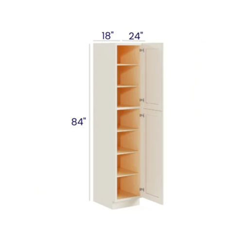 Charleston White - Utility Pantry - 18"W X 24"D X 84"H. Two Adjustable Top Shelves, Three Bottom Shelves. Note: Roll Out Shelf Kits Available.