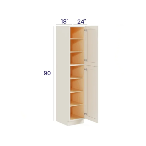 Charleston White - Utility Pantry - 18"W X 24"D X 90"H. Two Adjustable Top Shelves, Three Bottom Shelves. Note: Roll Out Shelf Kits Available.