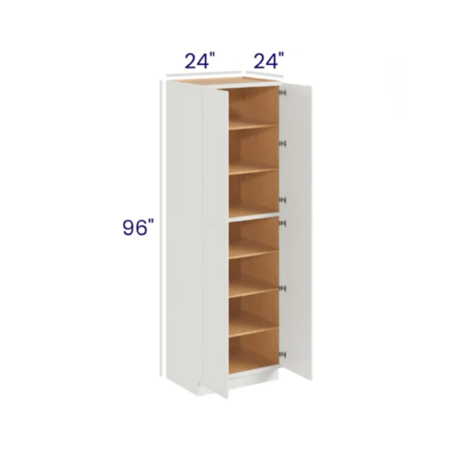 Slim Dove White - Utility Pantry - 24"W X 24"D X 96"H. Two Adjustable Top Shelves, Three Bottom Shelves. Note: Roll Out Shelf Kits Available.