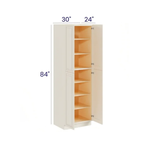 Charleston White - Utility Pantry - 30"W X 24"D X 84"H. Two Adjustable Top Shelves, Three Bottom Shelves. Note: Roll Out Shelf Kits Available