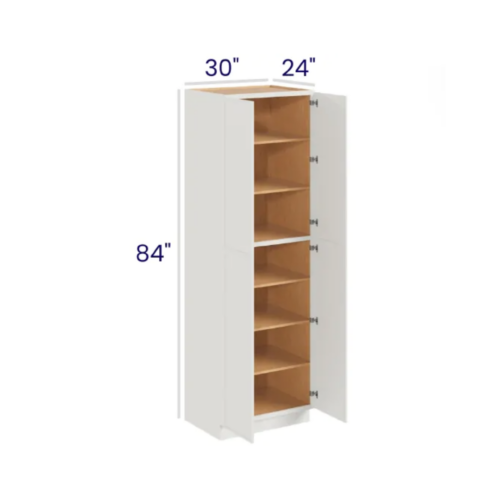 Slim Dove White - Utility Pantry - 30"W X 24"D X 84"H. Two Adjustable Top Shelves, Three Bottom Shelves. Note: Roll Out Shelf Kits Available