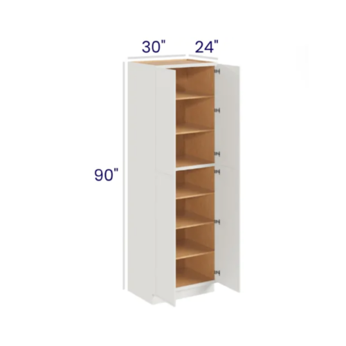 Slim Dove White - Utility Pantry - 30"W X 24"D X 90"H. Two Adjustable Top Shelves, Three Bottom Shelves. Note: Roll Out Shelf Kits Available.
