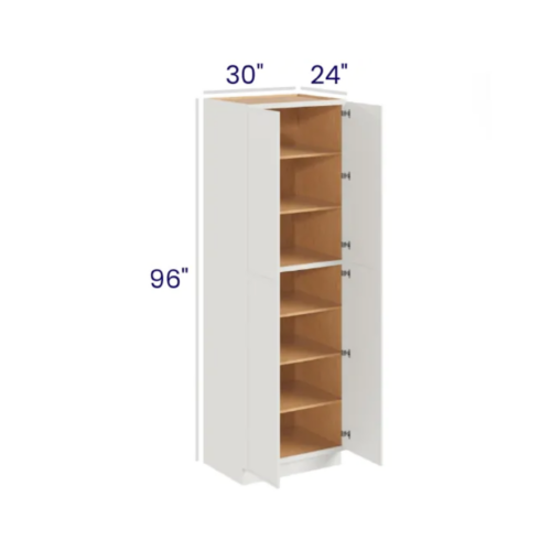 Slim Dove White - Utility Pantry - 30"W X 24"D X 96"H. Two Adjustable Top Shelves, Three Bottom Shelves. Note: Roll Out Shelf Kits Available