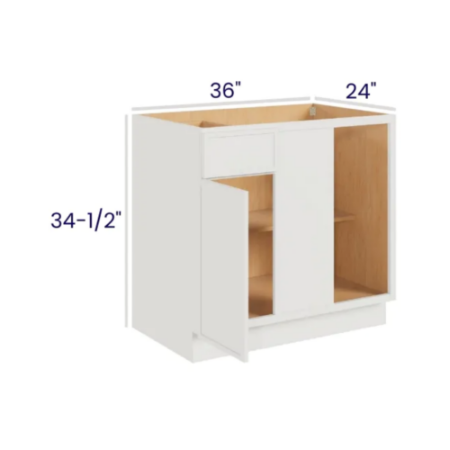 Slim Dove White - Blind Base Corner Cabinet - 27"W X 24"D X 34-1/2"H With 1 Door, Drawer And Shelf - Install Range 36" - 39"