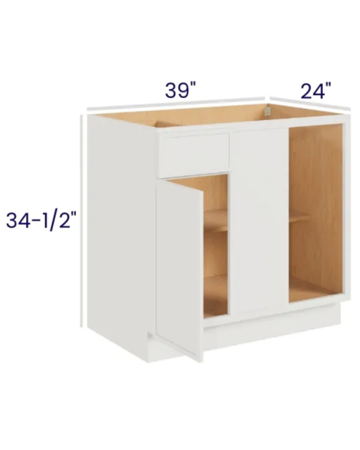 Slim Dove White - Blind Base Corner Cabinet - 30"W X 24"D X 34-1/2"H With 1 Door, Drawer And Shelf - Install Range 39" - 42"