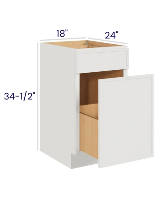 Slim Dove White - Base Cabinet Single Door -18"W X 24"D X 34-1/2"H With 1 Door, Drawer And Shelf