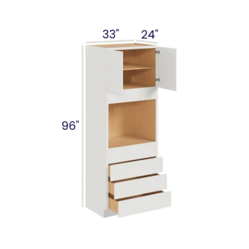 Slim Dove White - Oven Pantry - 33"W X 96"H X 24"D - Opening 24"W X 24-3/8"H. Two Door, One Large Open Shelf, Three Bottom Drawers. Note: Drawers May Be Removed To Accommodate Double Ovens.