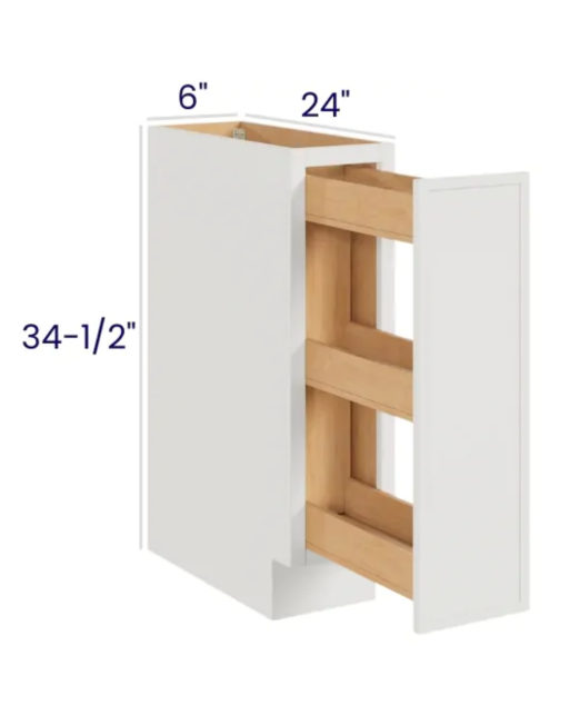 Slim Dove White - Spice Pull Base Cabinet - 6"W X 34-1/2"H X 24"D