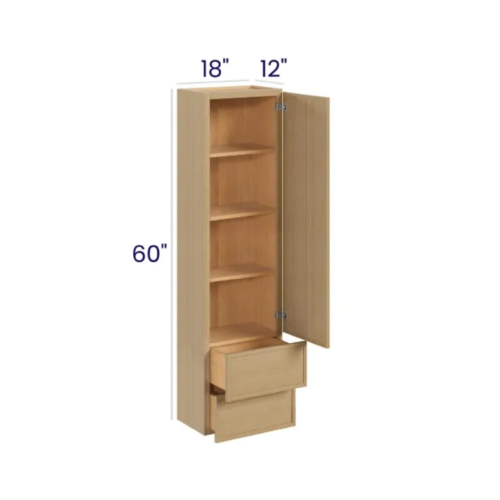Slim White Oak - Wall Tower Cabinet - 18"W x 60"H x 12"D - 1D, 2 Drawers, 3 S