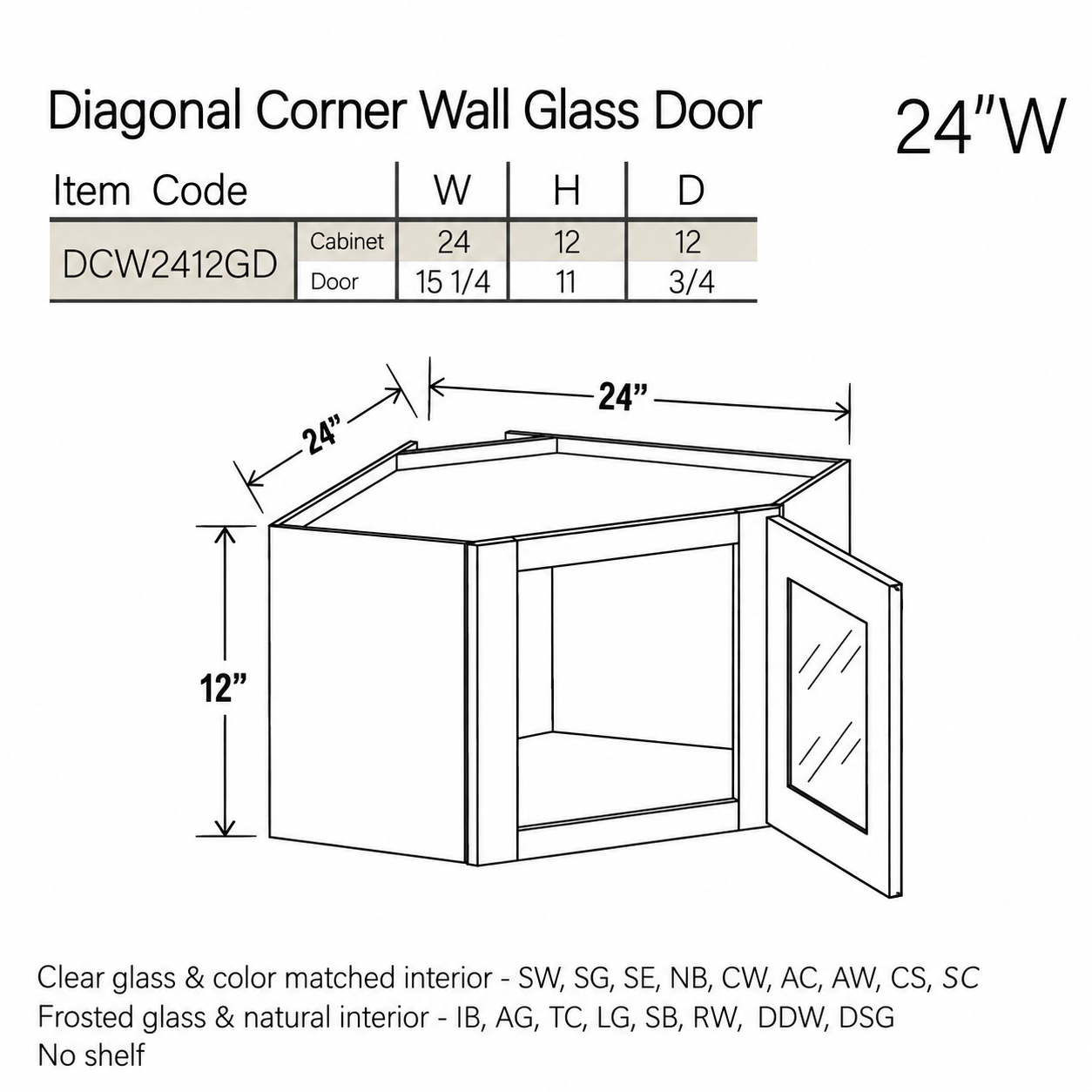Shaker Gray 12″ x 24″ Diagonal Corner Wall Cabinet with Glass - Image 3