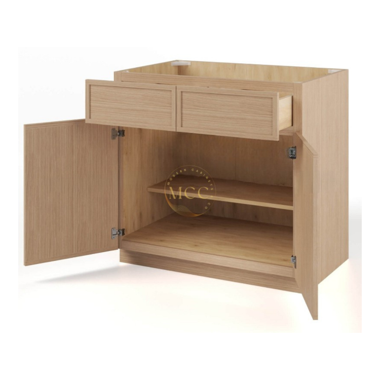 Slim White Oak Shaker Base Cabinet Double Doors and Drawers