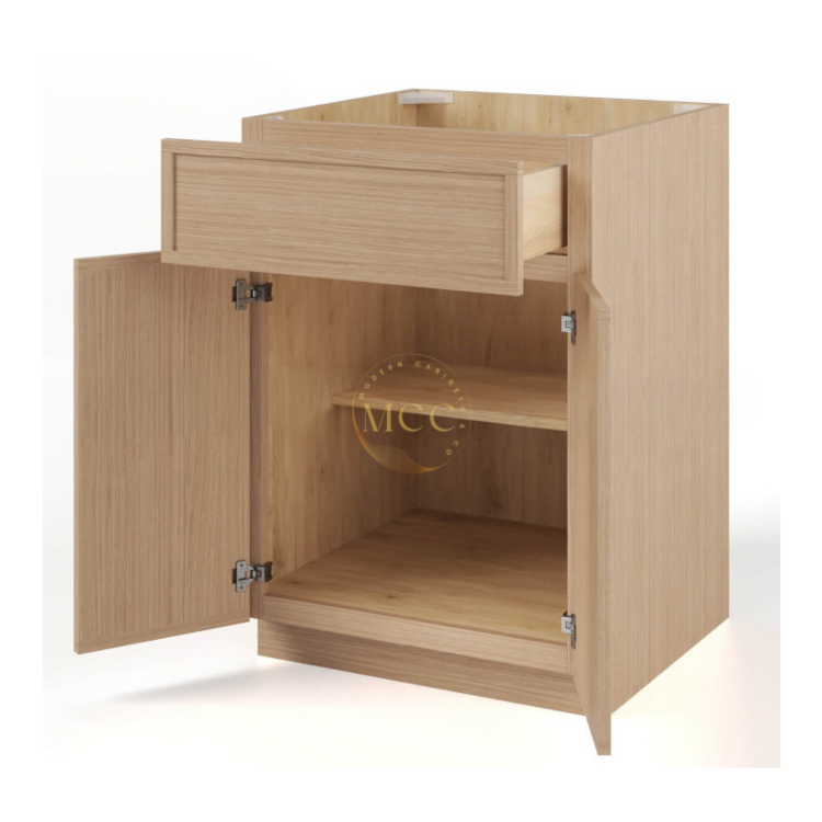 Slim White Oak Shaker Base Cabinet Double Door and Single Drawer