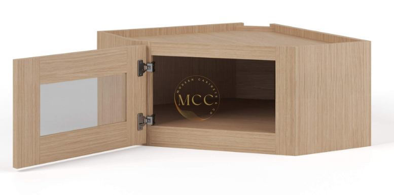 Slim White Oak 12″ x 24″ Diagonal Corner Wall Cabinet with Glass - Image 2