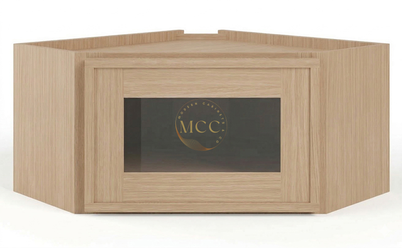 Slim White Oak 12″ x 24″ Diagonal Corner Wall Cabinet with Glass