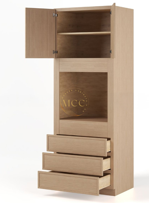 Slim White Oak 33″ W Double Door Oven Pantry Cabinet with Three Drawers - Image 2