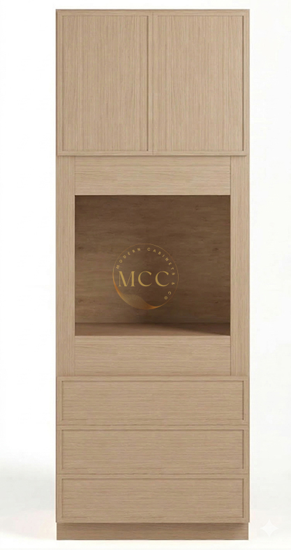 Slim White Oak 33″ W Double Door Oven Pantry Cabinet with Three Drawers