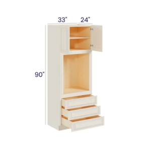 Charleston White - Oven Pantry - 33"W X 90"H X 24"D - Opening 24"W X 24-3/8"H. Two Door, One Large Open Shelf, Three Bottom Drawers. Note: Drawers May Be Removed To Accommodate Double Ovens.