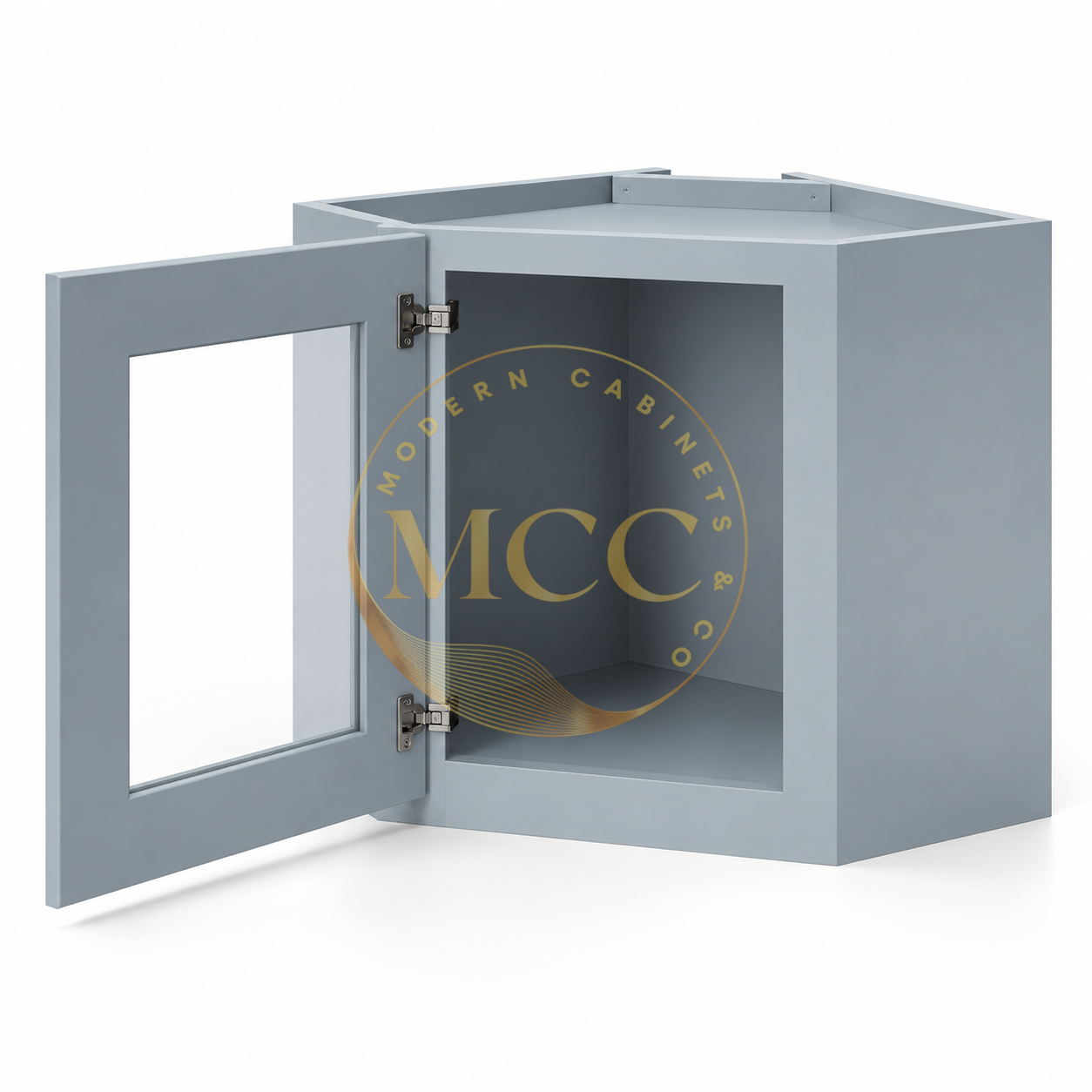 Shaker Gray 12″ x 24″ Diagonal Corner Wall Cabinet with Glass - Image 2
