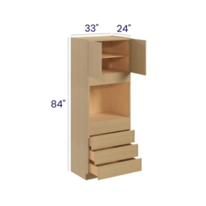 Slim White Oak 33″ W Double Door Oven Pantry Cabinet with Three Drawers