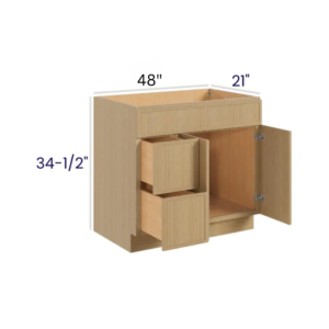 Slim White Oak - Vanity Sink Drawer Base Cabinet - 48"W x 34-1/2"H x 21"D - 3 Left Drawers , 1 False Drawer Front , 3 Right Drawers, 2 Doors